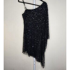 Adrianna Pappel Women's M Black Sequin One Sleeve Asymmetrical Top Blouse
